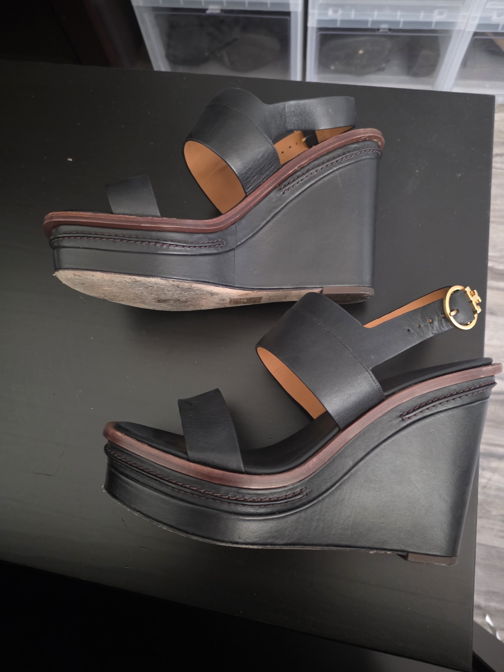 Tory Burch Black Leather Platform Wedge Sandals with Brown Trim and Gold Buckle